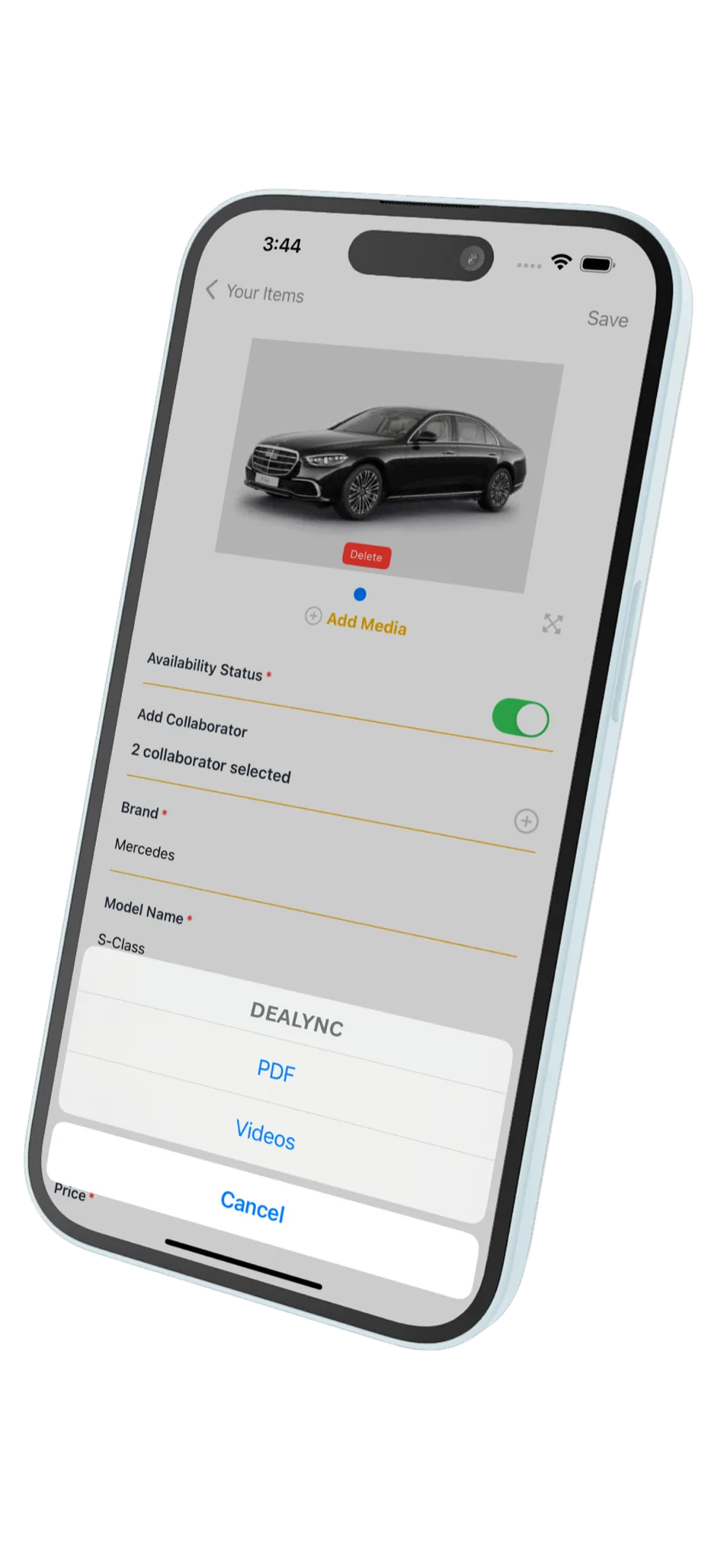 Sharing a listing as a PDF from the Dealync app