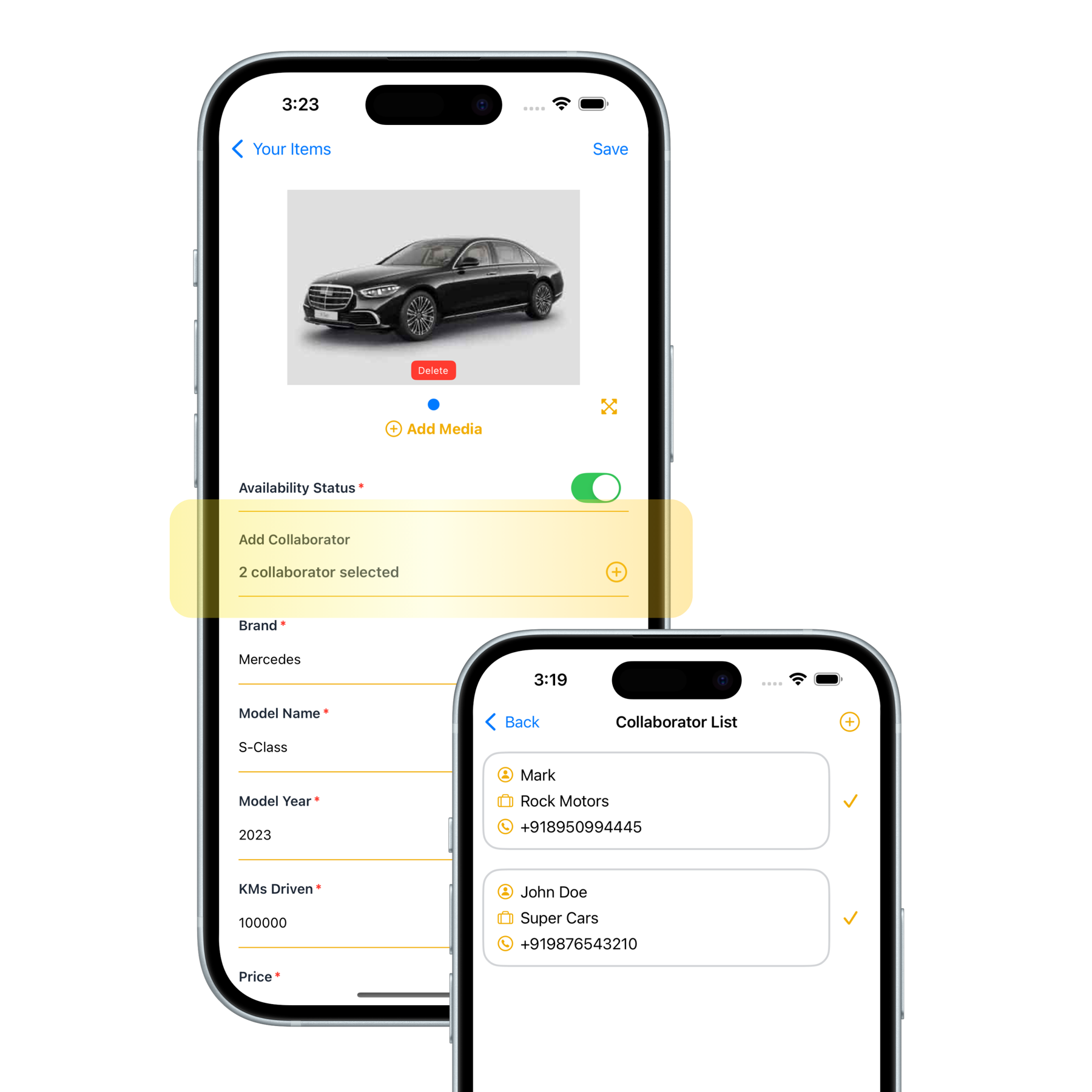 Adding collaborators to a vehicle listing in the Dealync app