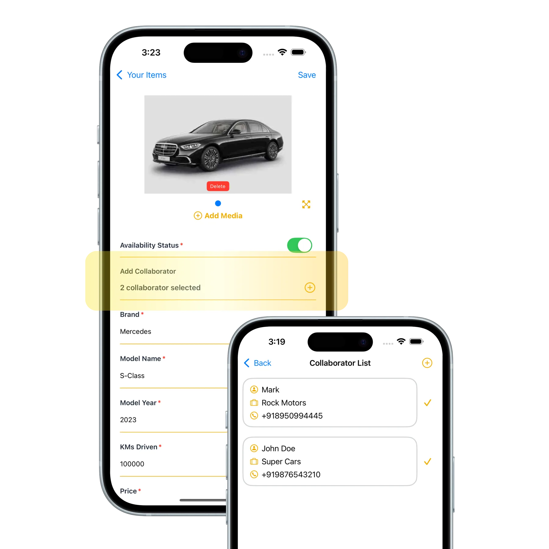 Adding collaborators to a vehicle listing in the Dealync app